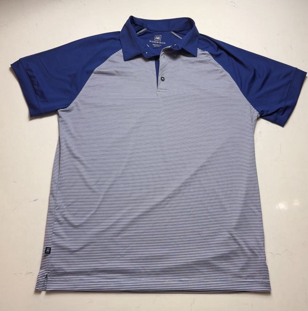 Mizzen + Main Polo Shirt Men’s M Blue Striped Trim Fit Golf Performance Stretch